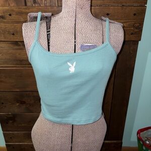 Playboy Teal Spaghetti Strap Crop Top With White Bunny Logo